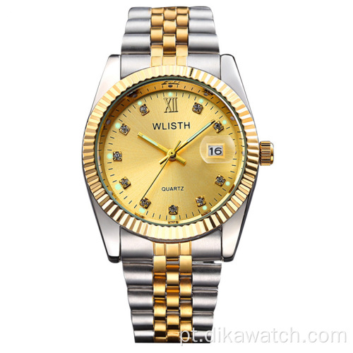Relógios de marca WLISTH Couple Aço inoxidável Quartz Luxury Lover&#39;s Watch Calendário de presente fino Relógio de pulso de strass para marido e pai